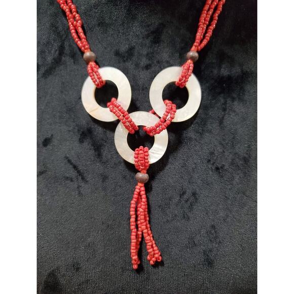 Women's Mother of Pearl Red Triple Layered Seed Beaded Stylish Wear Necklace - Picture 4 of 7